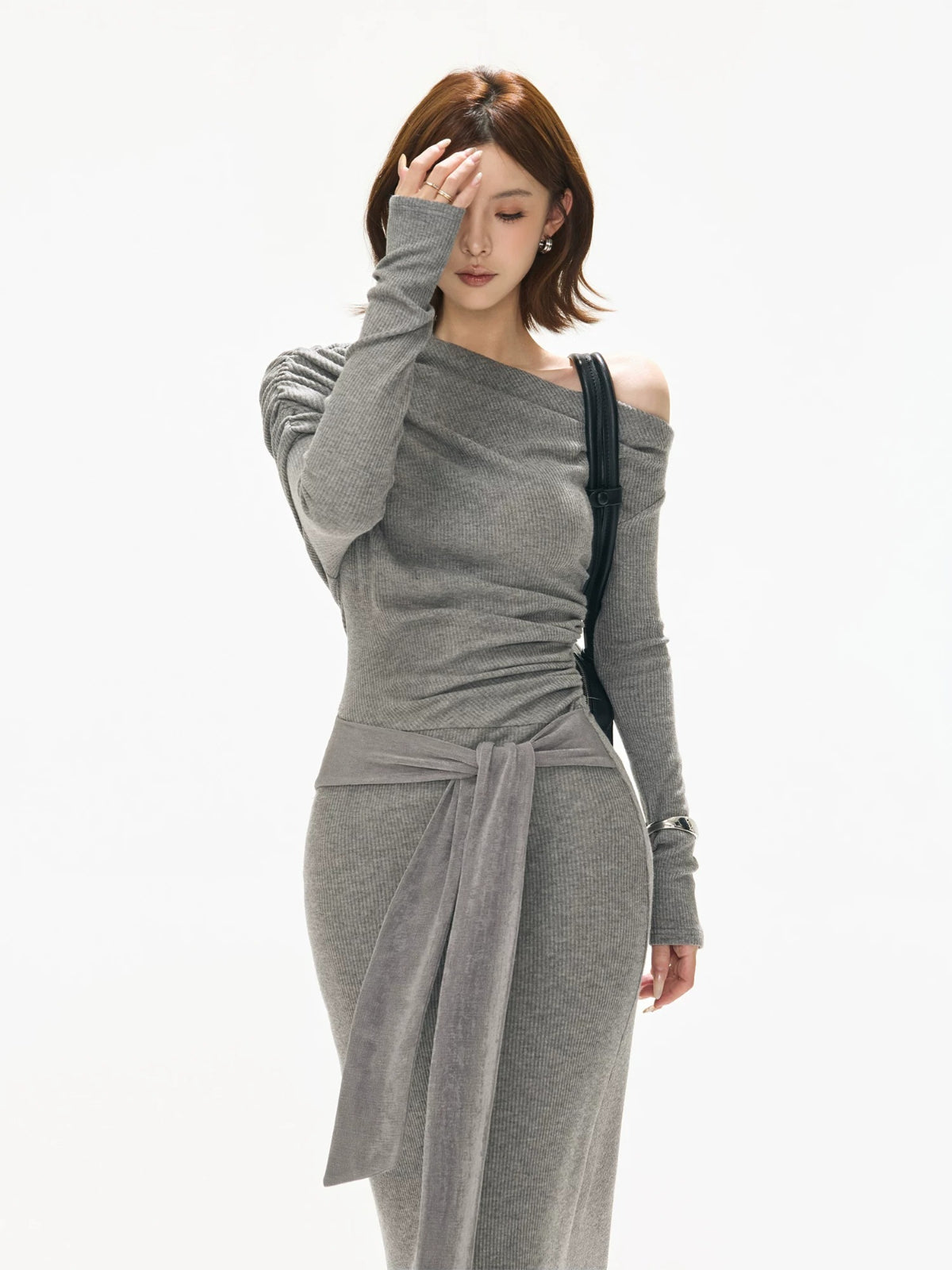 Ruched One-Shoulder Knit Dress