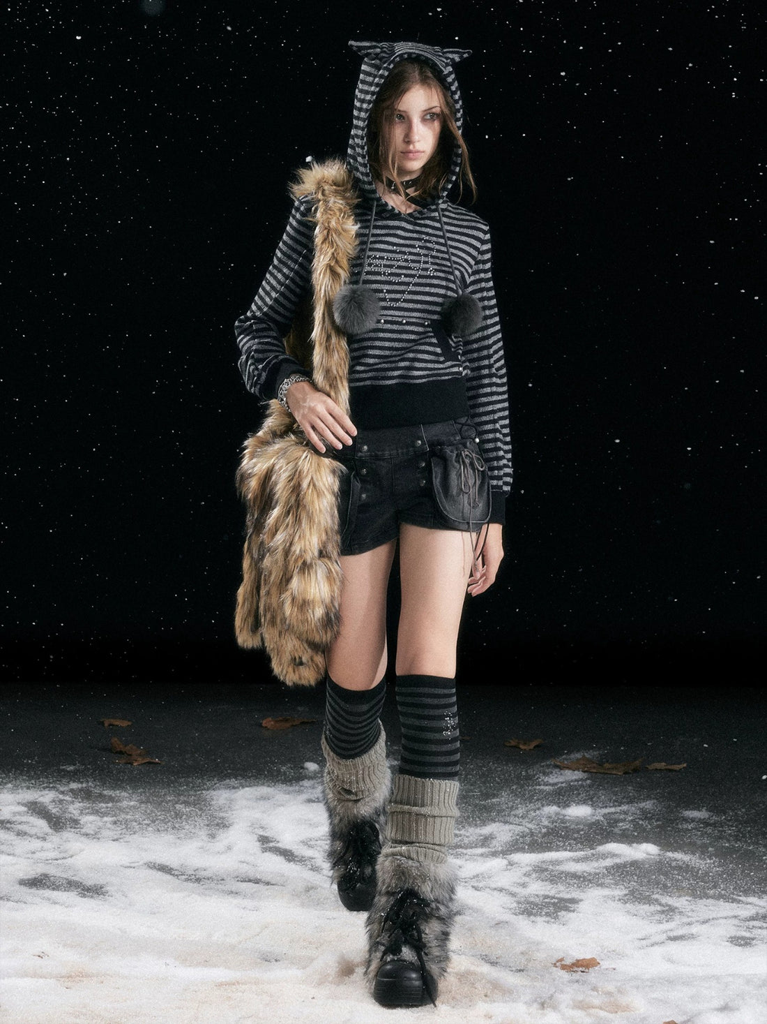 Striped Cat Ear Knit Hoodie