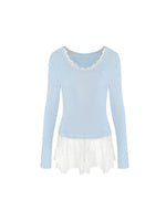 Lace-Trimmed Gray V-Neck Long Sleeve Top