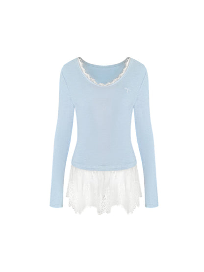 Lace-Trimmed Gray V-Neck Long Sleeve Top