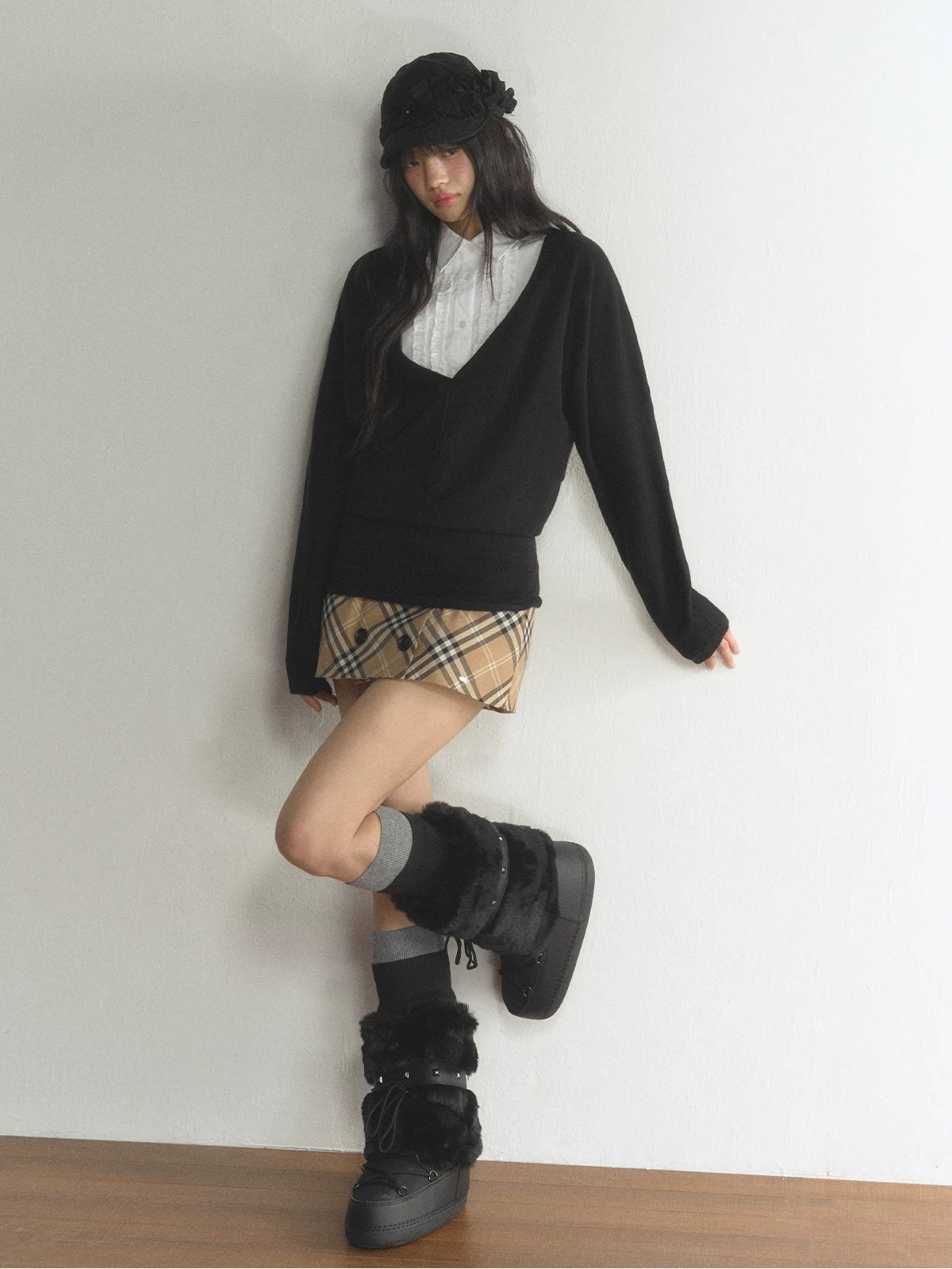 Deep V-Neck Knit Shirt Set