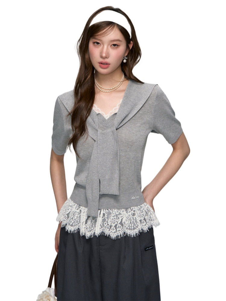 Lace Spliced V-Neck Knitted T-Shirt
