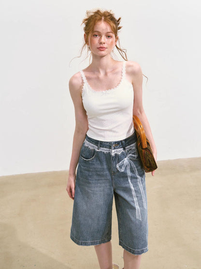 Imitation-Lace Printed High-Waist Denim Mid-Length Pants