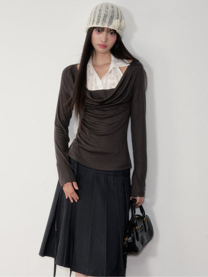 Dark Grey Tie-Waist Pleated Midi Skirt