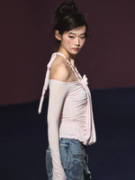 Fake Two-Piece Halter Ruched Floral One-Shoulder Blouse