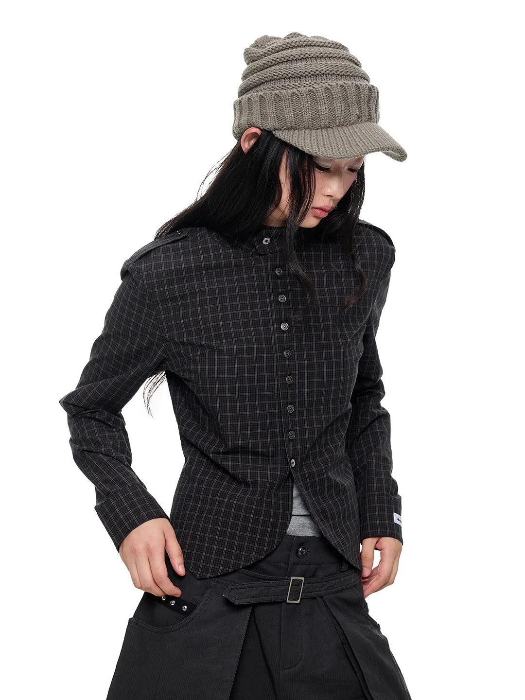 Black Plaid Stand Collar Shirt
