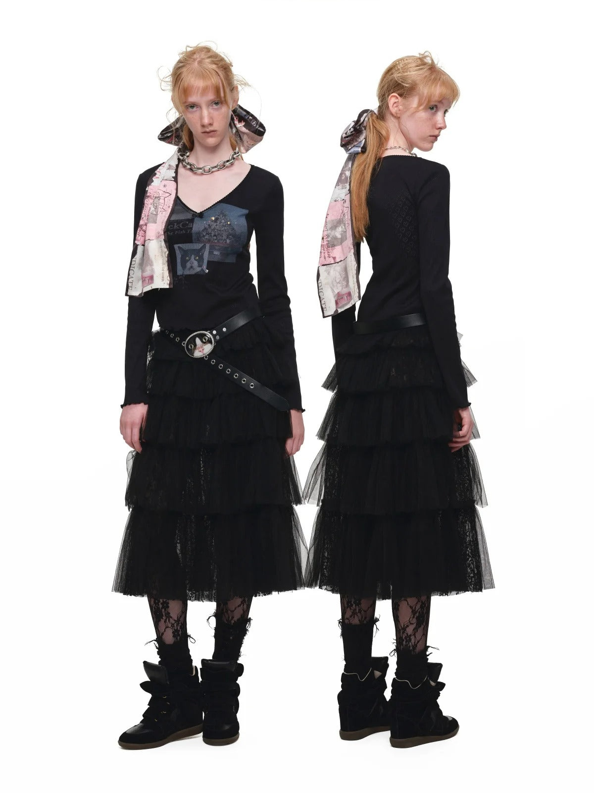 Tiered Lace Slit Midi Skirt