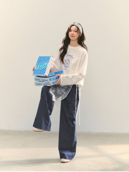 Plaid Color-block Waist Spliced Straight Pants