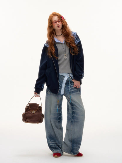 Plaid Patchwork Hoodie Cardigan