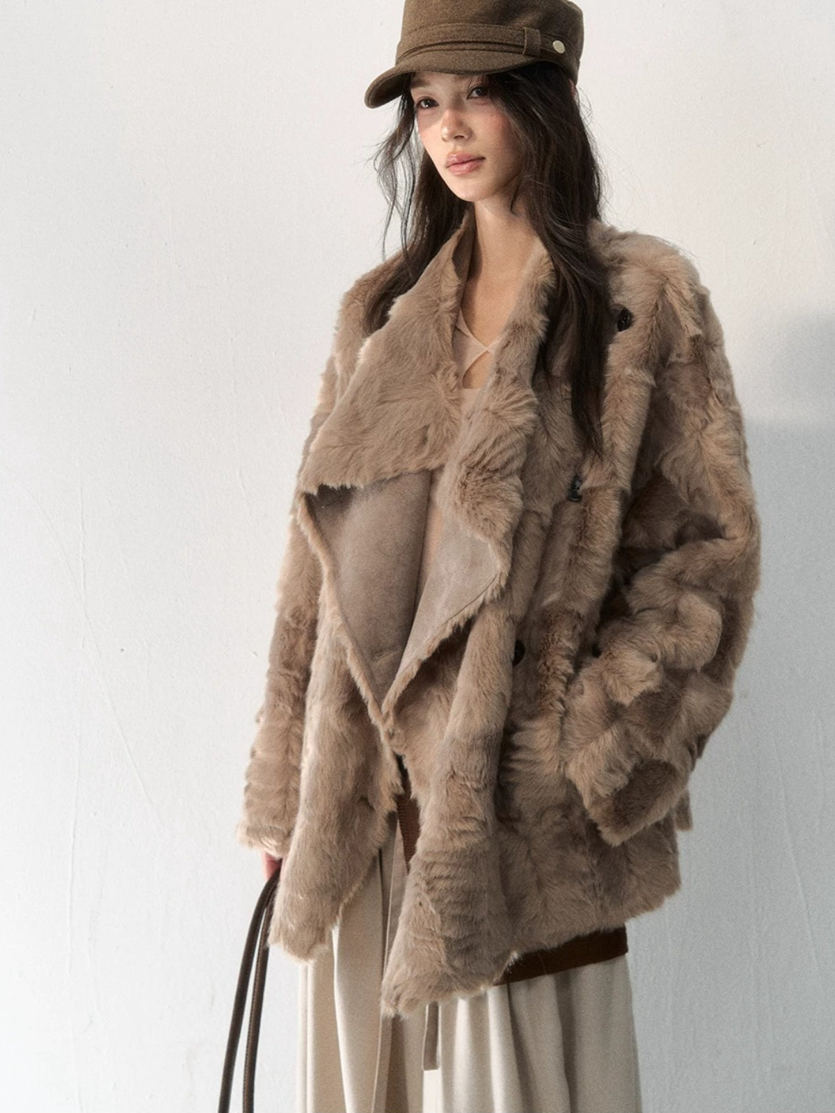 Asymmetric Collar Faux Fur Coat