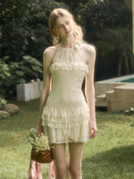 Light White Lace Halter Neck Slip Short Dress