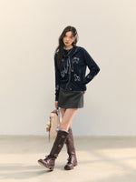 Puppy Embroidered Trim Hooded Knit Sweater