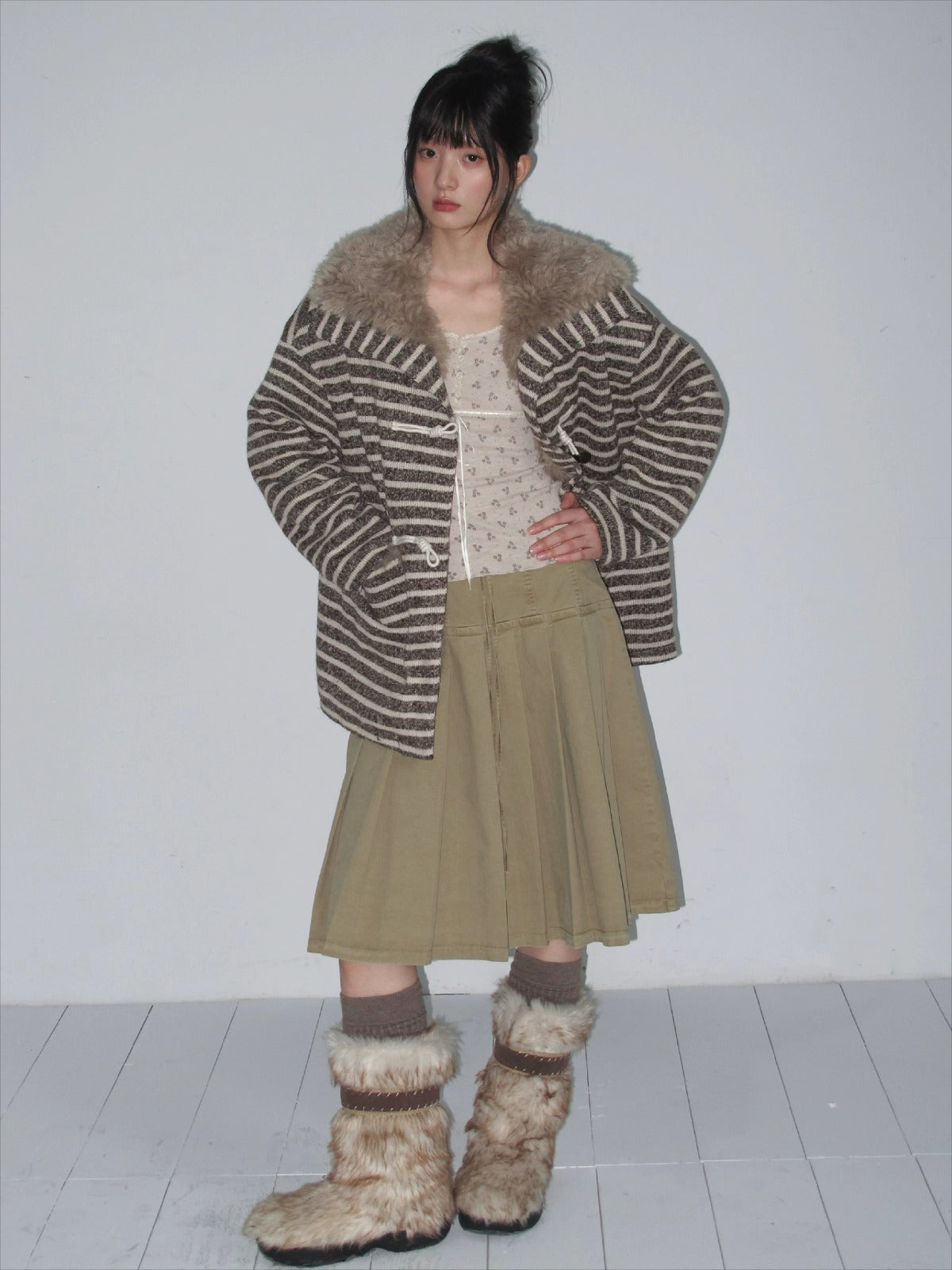 Striped Horn-Button Collar Coat