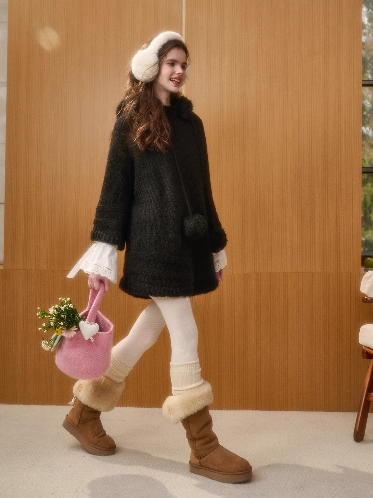 Hooded Faux-Fur Knit Cape Dress