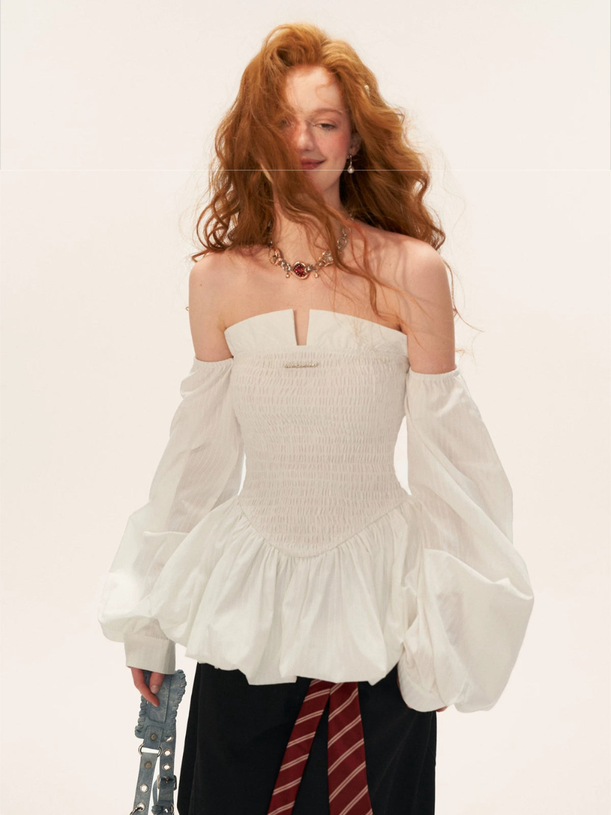 Striped Shirred Bustier Puff Sleeve Dress