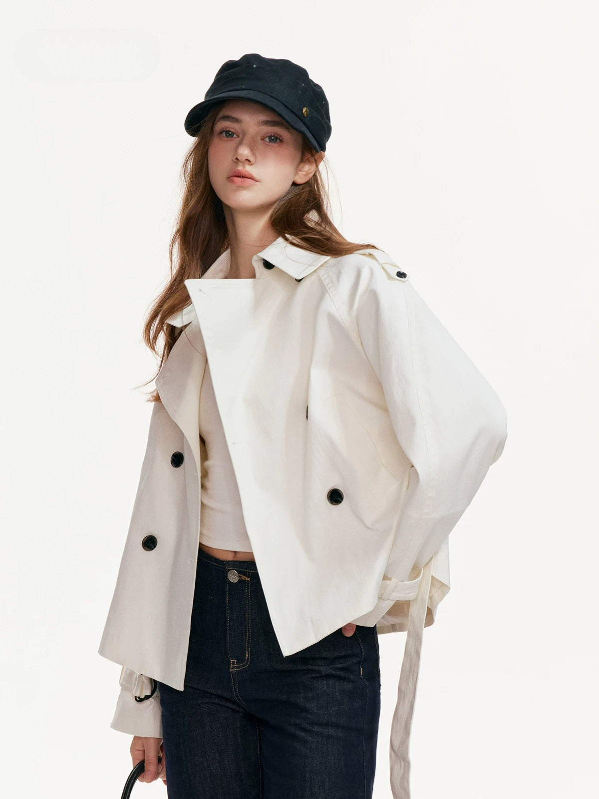 Buttoned Lapel Belted Cropped Trench Coat