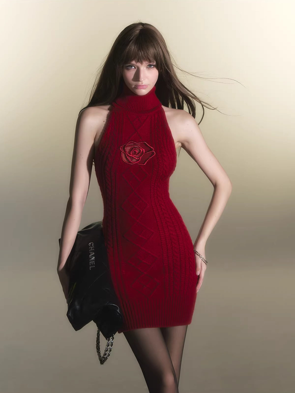 Red Fitted Halter Knit Dress