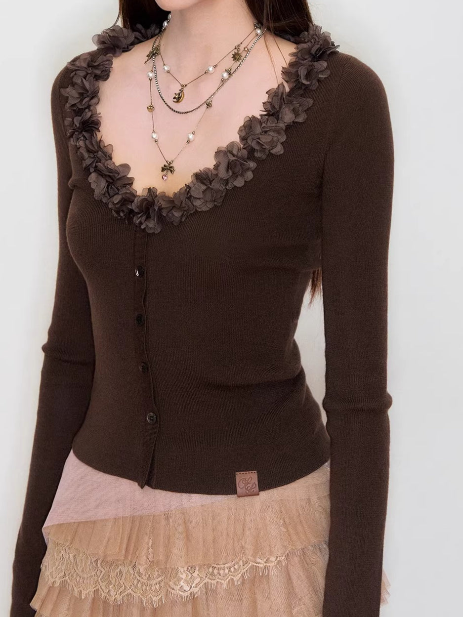 Ruffle V-Neck Knit Cardigan