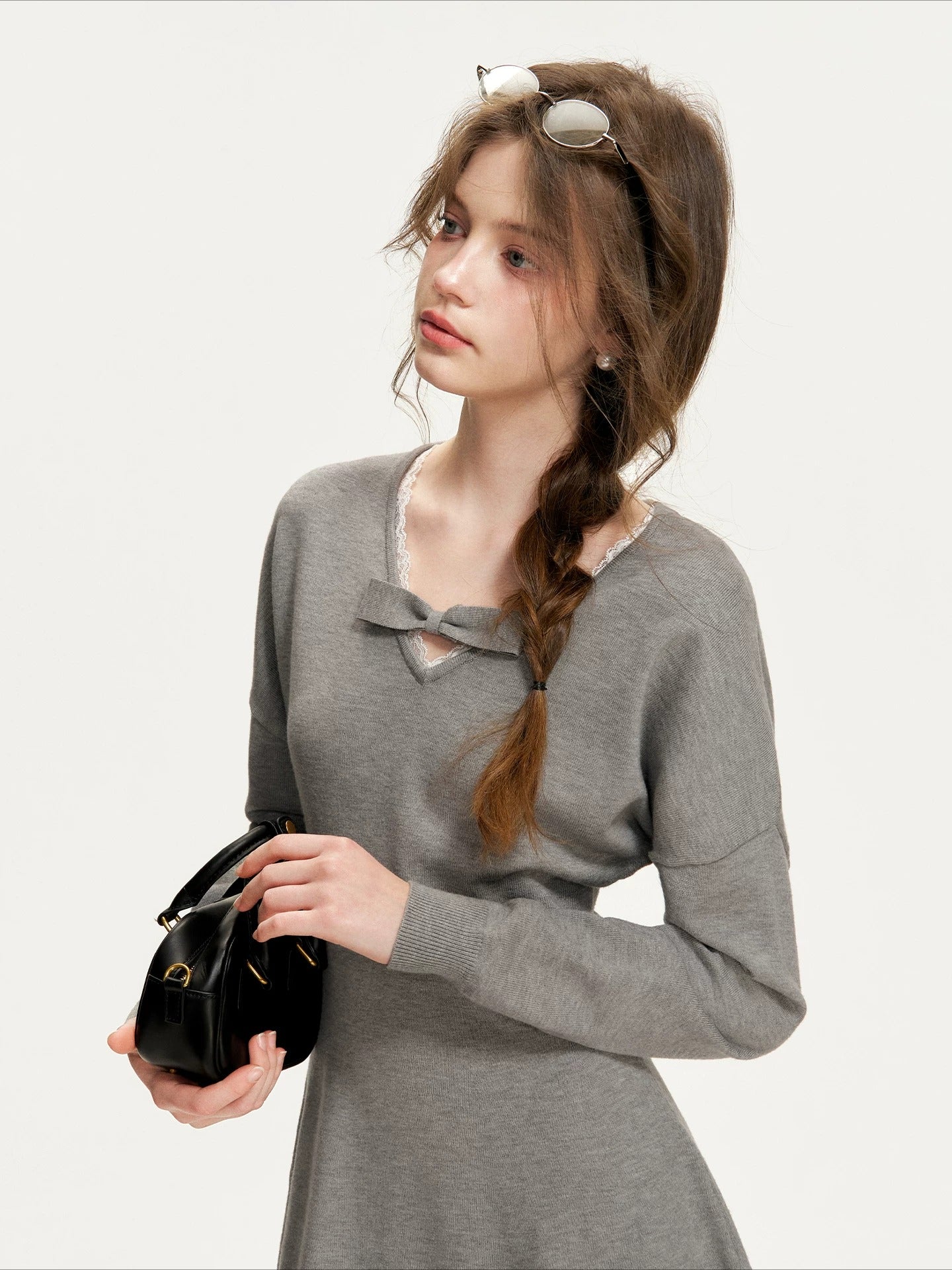 Gray Bowknot Knit Mini Dress