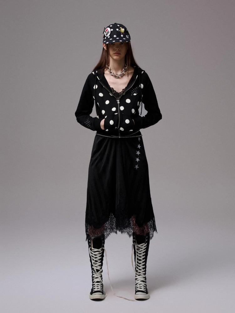 Polka Dot Patchwork Raglan Sleeve Hoodie Jacket