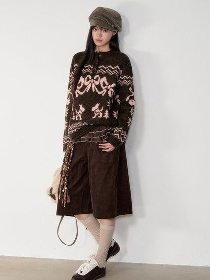 Fair Isle Bow Henry-Collar Sweater