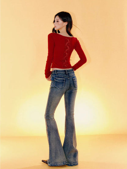 Printed Low-Waisted Denim Bell-Bottom Pants