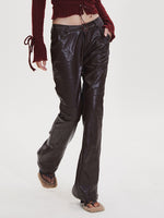 Black & Burgundy Embroidered PU Pants