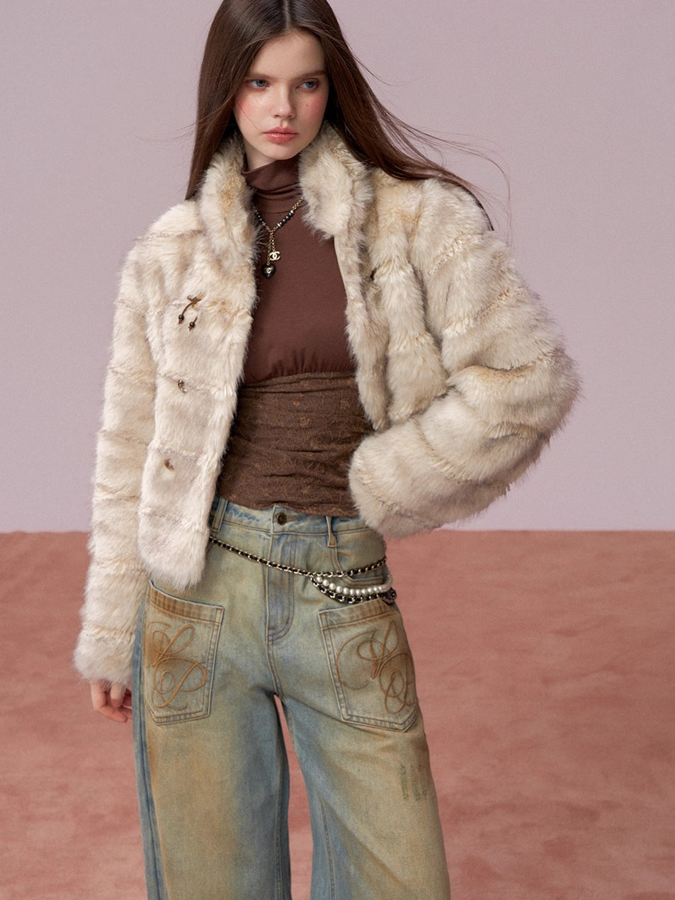 Apricot Double-Breasted Fur Jacket
