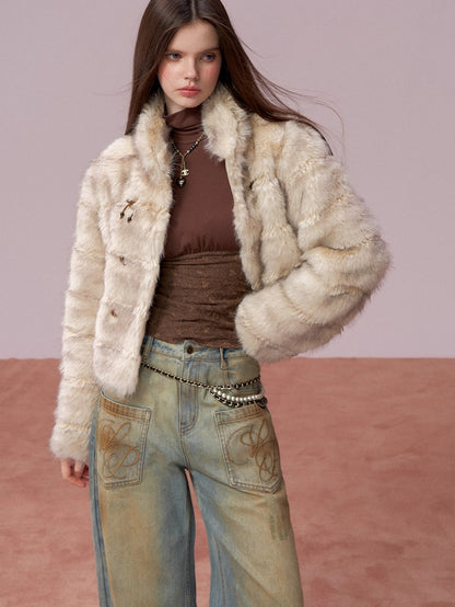 Apricot Double-Breasted Fur Jacket