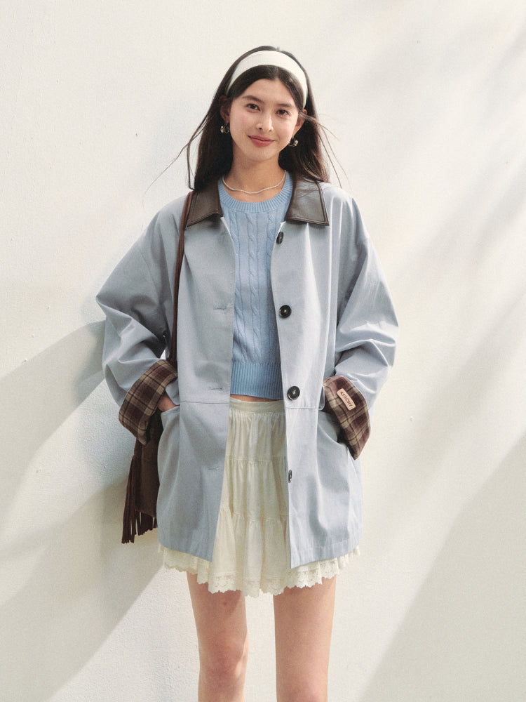 Plaid Patchwork Color-Block Trench Coat