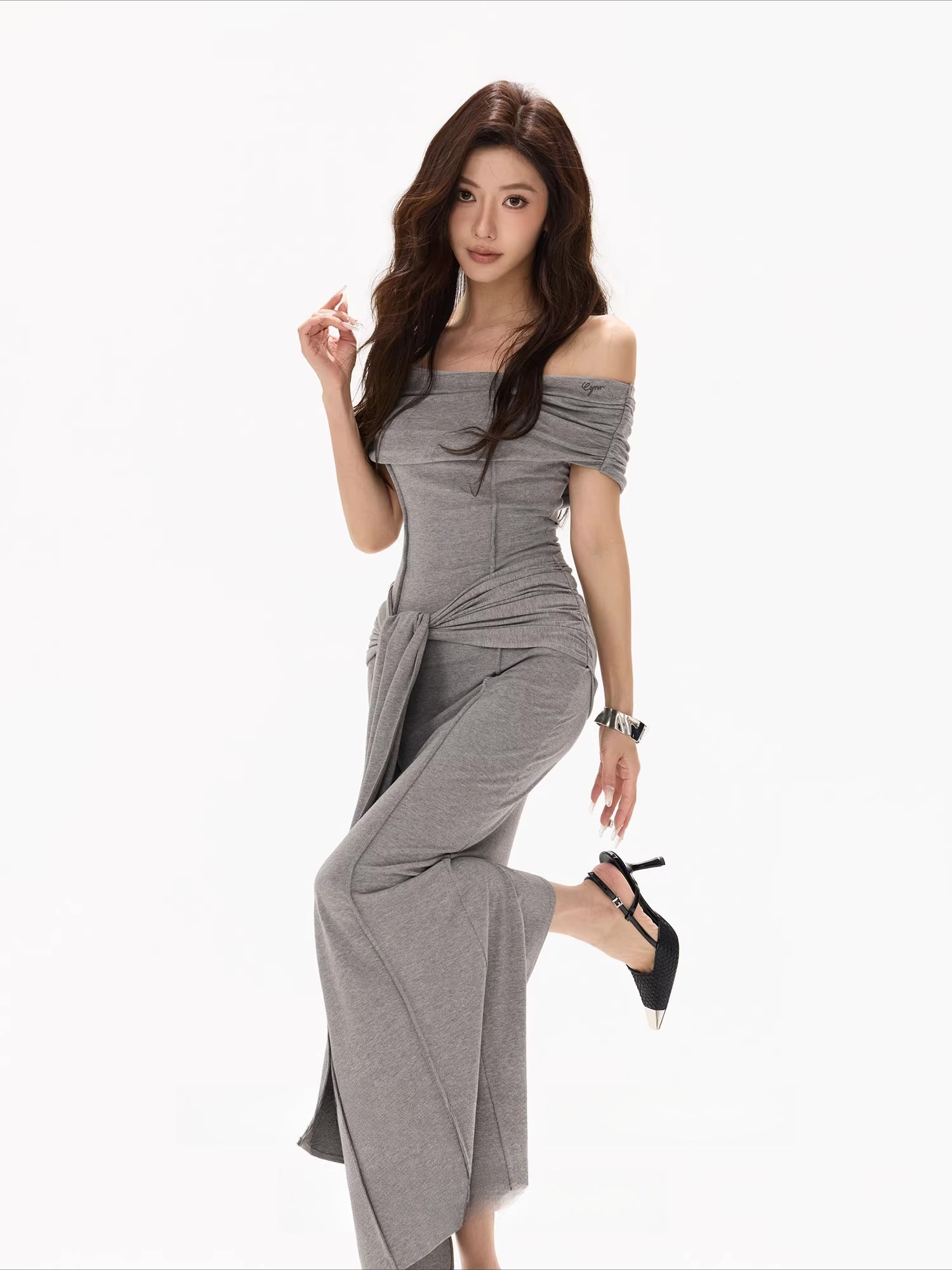 Gray Off-Shoulder Drape Dress