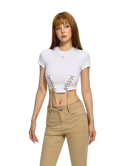 Color-Blocked Belted Straight-Shoulder Short Sleeve Top