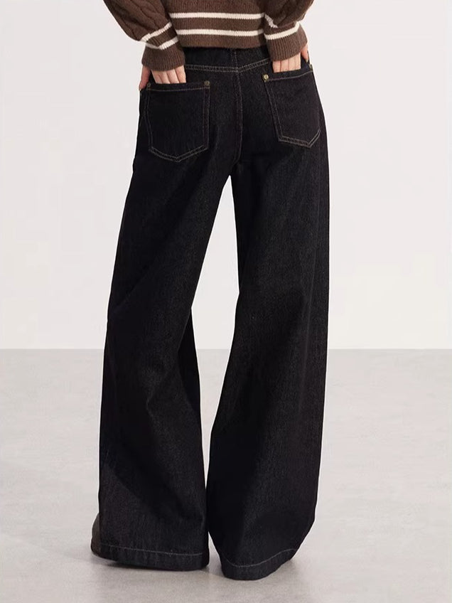 Vintage Black Denim Embroidered Wide Leg Pants
