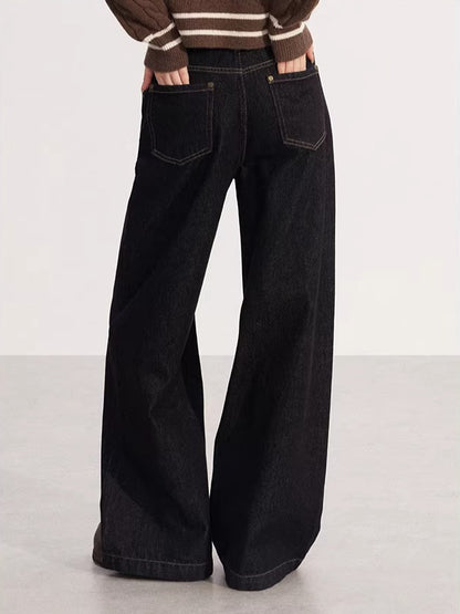 Vintage Black Denim Embroidered Wide Leg Pants