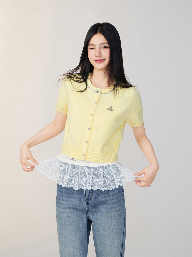 Rhinestone Button Knitted Short-Sleeve Cardigan