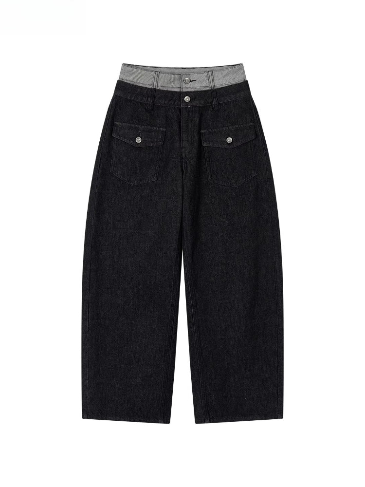 Colorblock Double Waistband Denim Pants