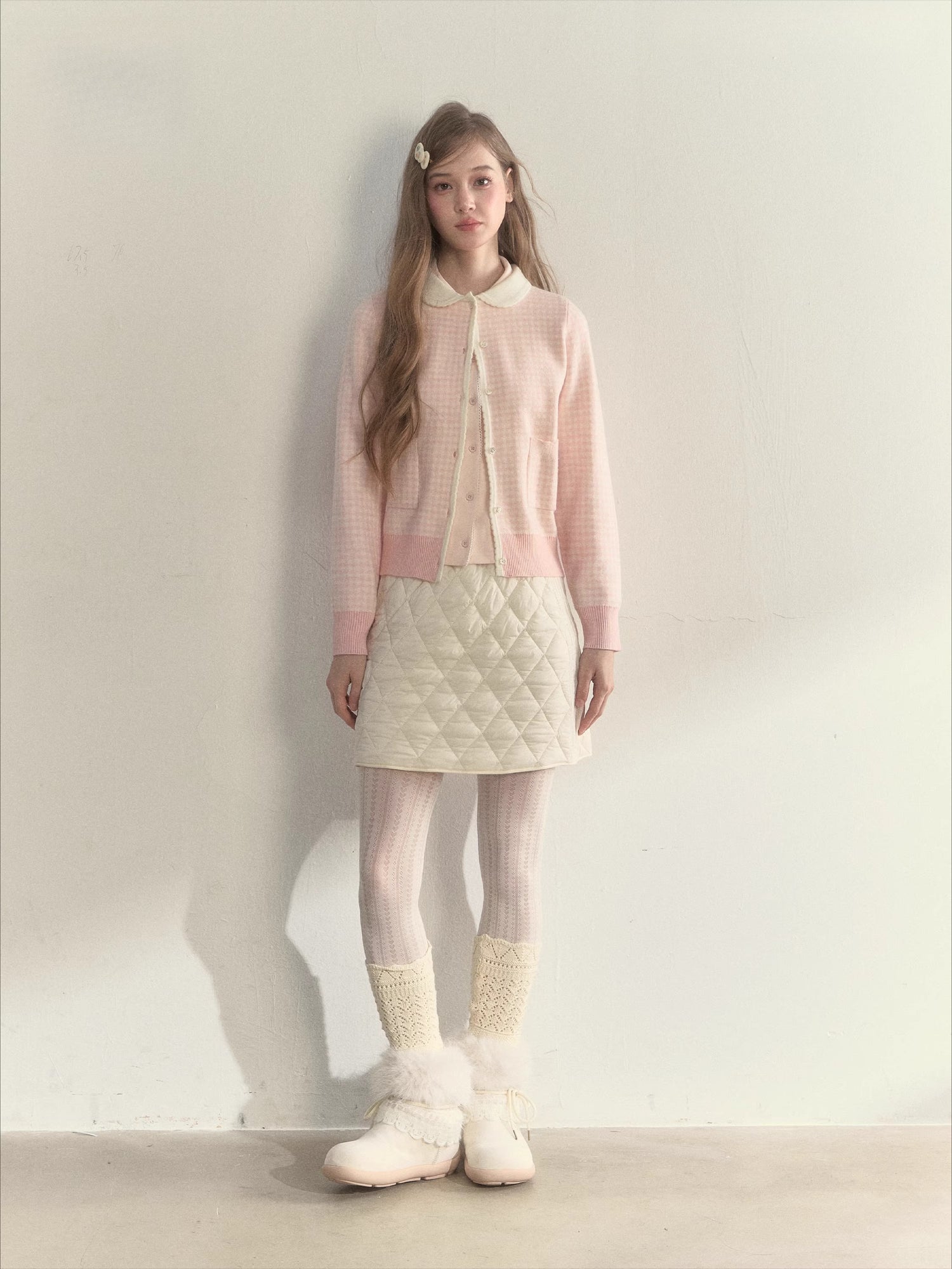 Pink Plaid Knit Doll Collar Sweater