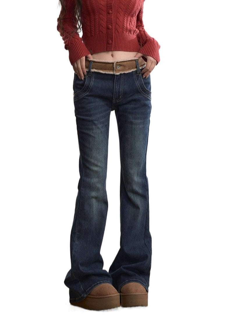 Color-Blocked Faux Fur Waist Slim Flare Jeans