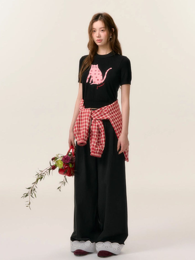 Cat Print Short Sleeve Knit Top