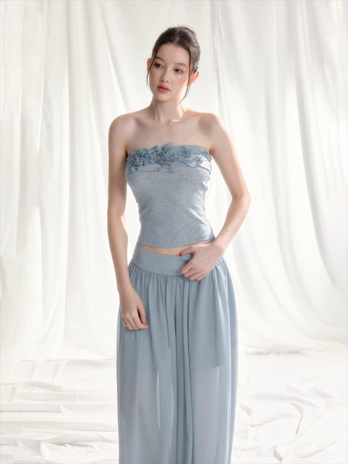 Floral Appliqué Bustier &amp; Mesh Pants Set