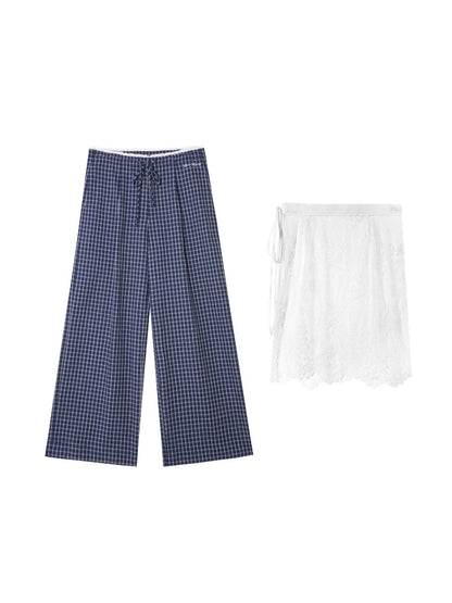 Plaid Color-block Waist Spliced Straight Pants