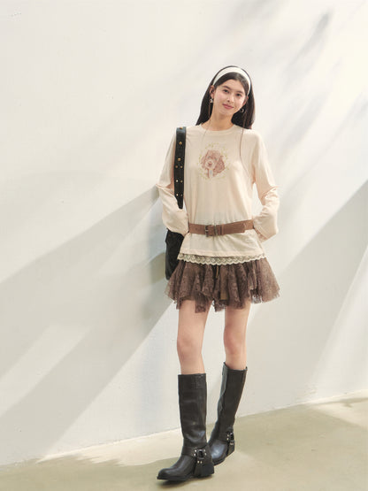 High-Waist Lace Tie Puff Skirt