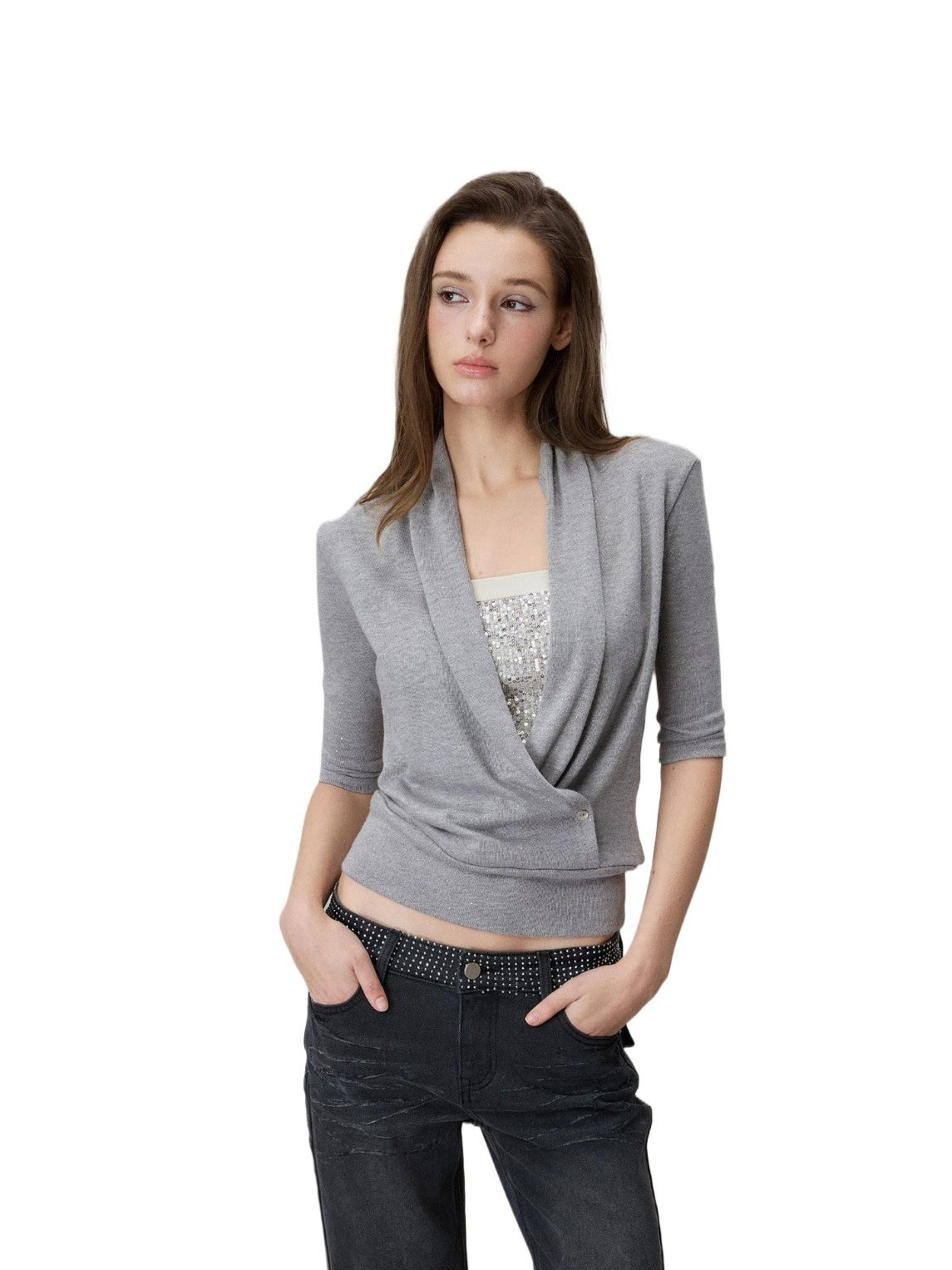 Silver Sequin Draped Top