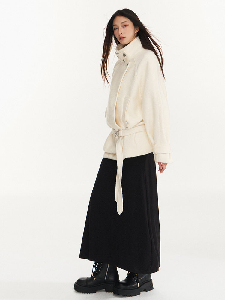 Cream &amp; Black Wool Blend Loose Lapel Jacket