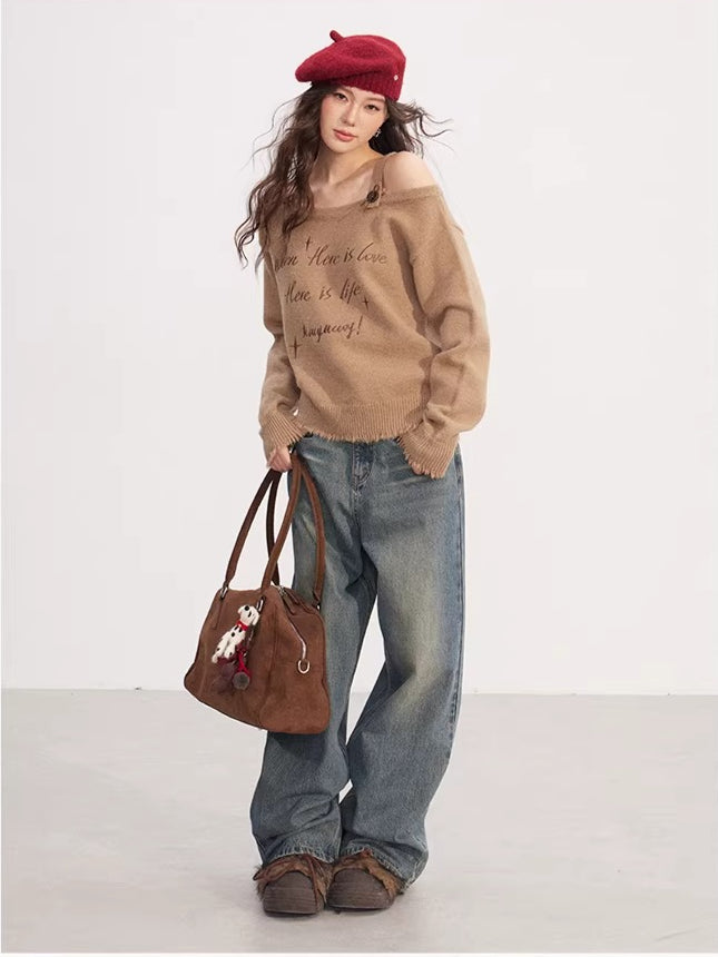 Off Shoulder Embroidered Distressed Sweater