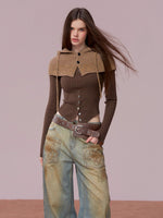 Brown Leather Buckle Cardigan & Hooded Cape Set
