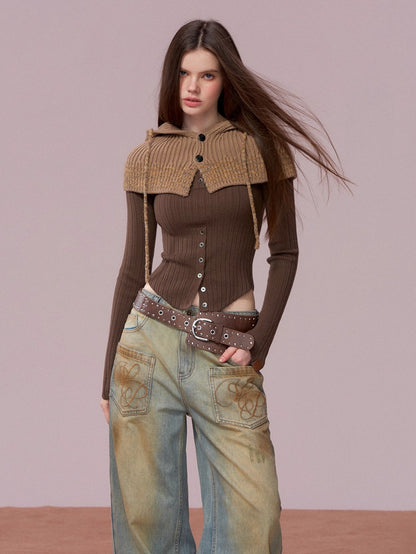 Brown Leather Buckle Cardigan &amp; Hooded Cape Set