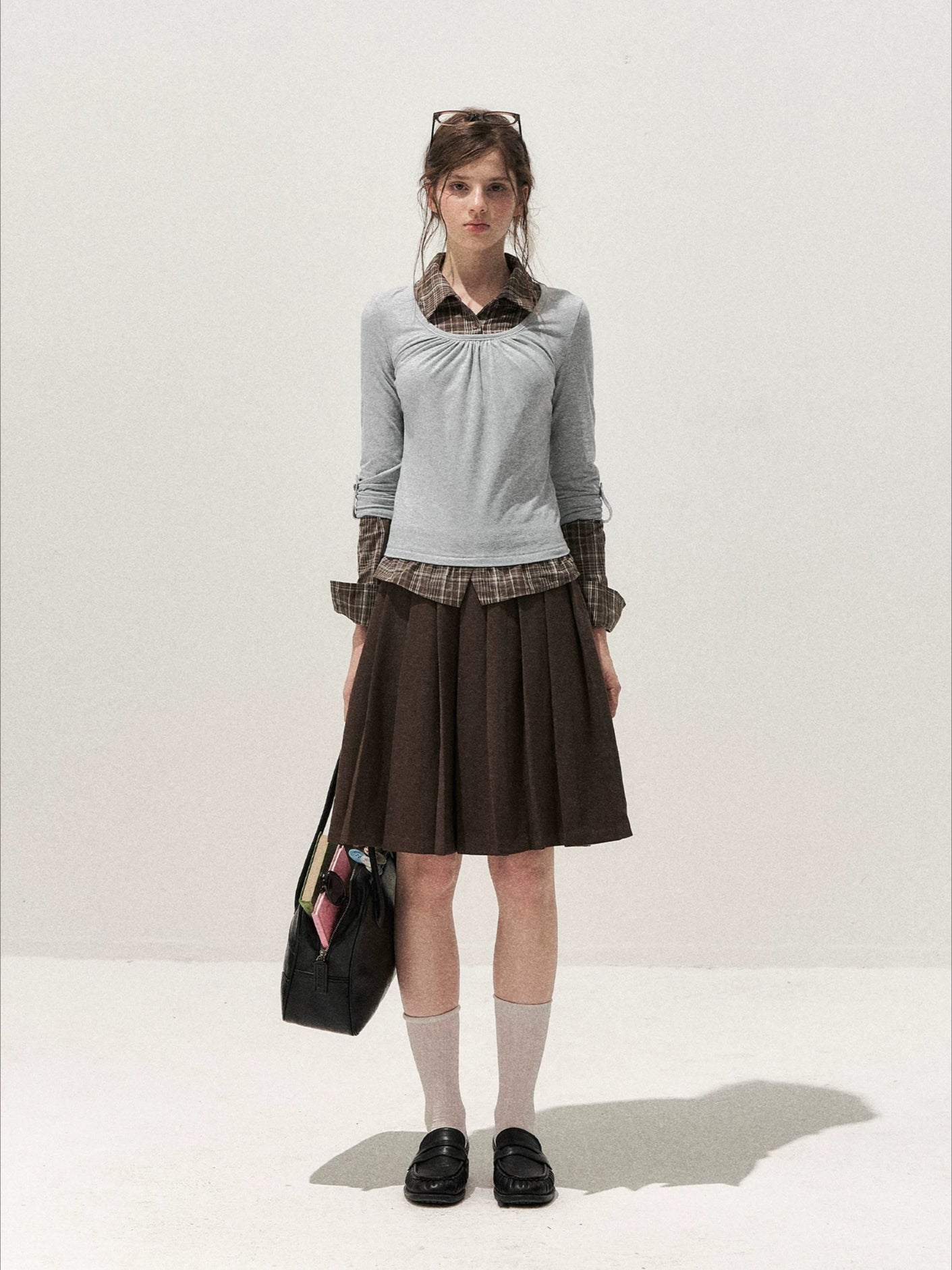 Brown Plaid Pleated Skirt