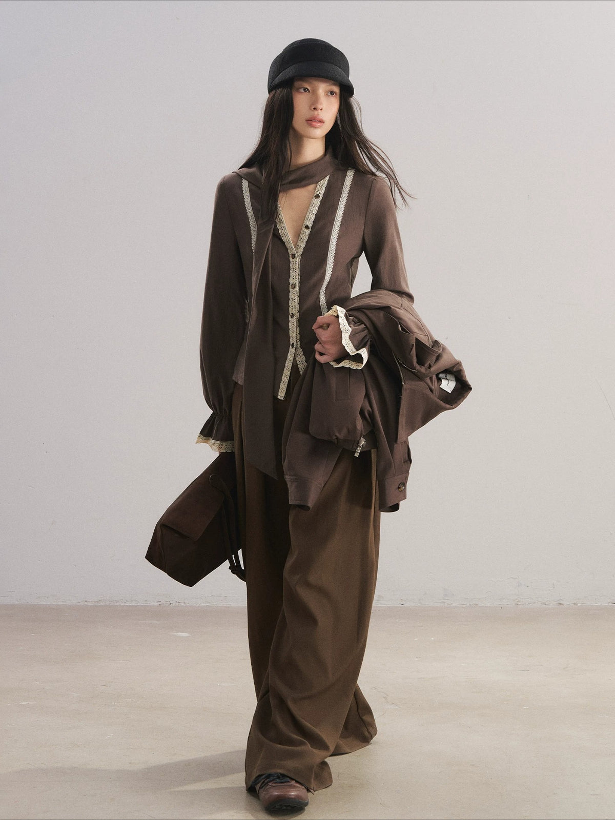 V-Neck Scarf Collar Blouse