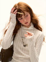 Ruffle High-Neck Slim Long Sleeve Top